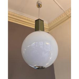 Suspension Art Déco Moderniste 1940 en opaline blanche et métal chromé + miroirs art deco 1930 