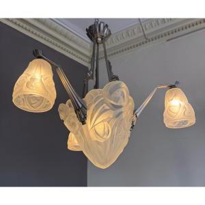 Lustre Art Déco à trois tulipe et un obus Signé Degué (David Guéron : 1892-1950) Art deco 1930 