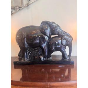 Art Deco Ceramic « Elephants » Black Enameled Earthenware Signed Lemanceau ( Charles )