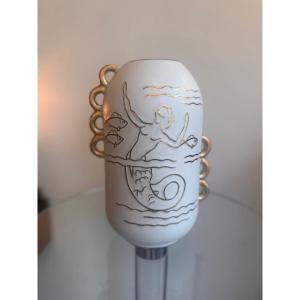 Art Deco Vase Boch Kéramis / Raymond Chevallier « sirène » Enameled Earthenware