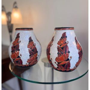 Paire de Vases Art Déco Léon Lambillotte / Boch Kéramis / Catteau Signée et num D. 1065 ( 1930