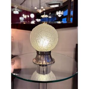 Art Deco Table Lamp “boule Papillon” No. B4 - Hettier & Vincent / Nickel-plated Bronze (1930)