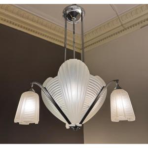 Important And Rare  Art Deco Chandelier, “cleopatra” Model, Signed Petitot / Nickel-plated Bronze (1930)