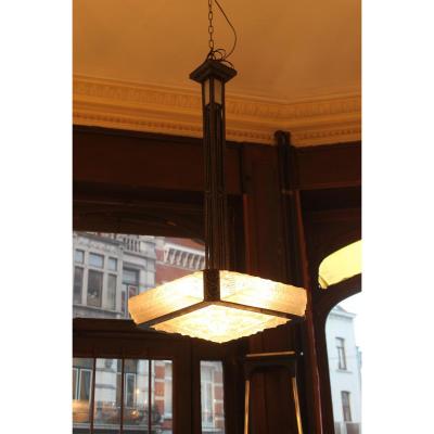 Chandelier Art Deco Wrought Iron Epoque Belgian Glassware 1930 (category: Art Deco Chandeliers)