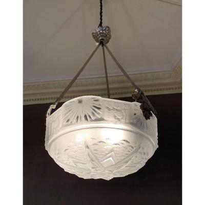 Art Deco Nickel Bronze Suspension Signed Müller Frères (cat: Chandelier / Ceiling Lamp Art Deco 1930)