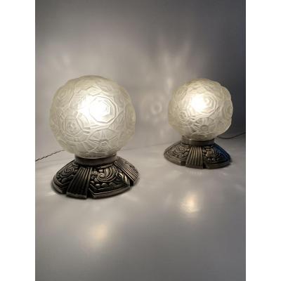 Paire De Lampes Art Deco « boules » Signées Sabino Paris (cat: Lampe Art Déco 1930) 