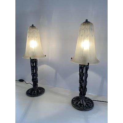 Pair Of Art Deco Lorrain Daum Patinated Wrought Iron Lamps (cat: Art Deco Lamp 1930)