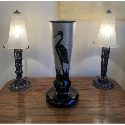 Important Art Deco Vase Paul Heller Signed Artver With 3 Stylized Storks (art Deco Glass 1930)