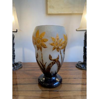 Vase Transition Art Nouveau / Art Déco En Verre Multicouche Signé Degué ( Vases Art Deco 1920) 