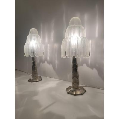 Extraordinary Pair Of Signed Art Deco Sabino "cascades" Lamps (1930 Art Deco Lamp)