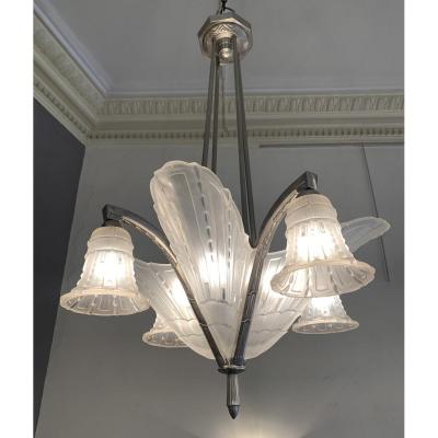 Art Deco Chandelier Ejg (jean Gauthier) With 4 Cones And 4 Tulips (art Deco Chandeliers 1930)