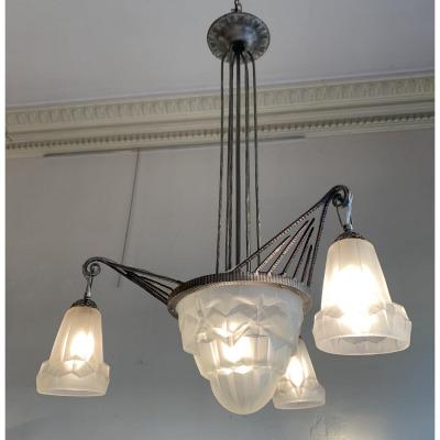 Art Deco Wrought Iron Chandelier With Three Tulips And A Shell Signed Degué (art Deco Chandeliers 1930)