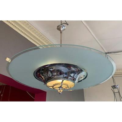 Important Modernist Art Deco Chandelier With Sanded Glass Disc (art Deco Chandeliers 1930)