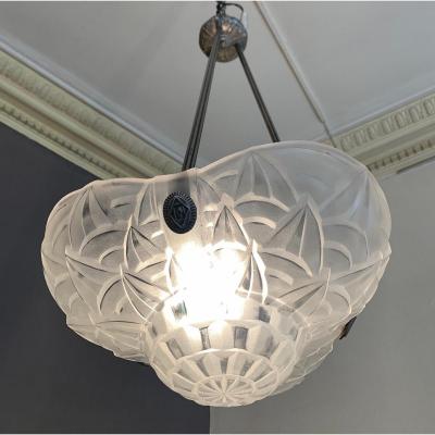 Superb Art Deco Suspension / Ceiling Lamp "trilobed" In Silver Bronze Signed Degué (1930)