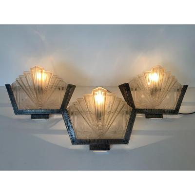 Set Of Three Art Deco Sconces Signed Müller Frères (art Deco Sconces 1930)