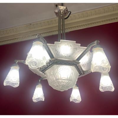 Exceptional Art Deco Chandelier Belgian Glassware In Nickel-plated Bronze (art Deco Chandeliers 1930)