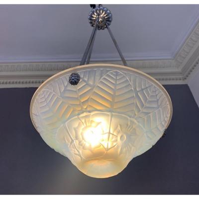 Art Deco Suspension / Ceiling Lamp In Opalescent Glass Signed Charles Ranc (art Deco Chandelier 1930)