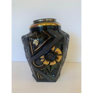 Splendid Art Deco Henri Heemskerk Vase In Black Hyalite Glass Signed (art Deco Vases 1930)