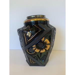 Splendide Vase Art Déco Henri Heemskerk En Verre Hyalite Noir Signé ( Vases Art Deco 1930 )