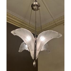 Superb Art Deco Chandelier Cornets "feathers" France 1930 (chandeliers / Art Deco Suspension 1930)
