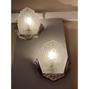 Pair Of Wall Lamps { 3 Pieces Available } Art Deco Signed J.robert ( Wall Lamp Art Deco 1930 )