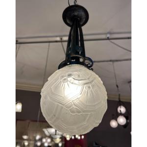 Art Deco "ball" Ceiling Light Pressed Glass / Wrought Iron (ceiling Lights - Art Deco Suspension 1930