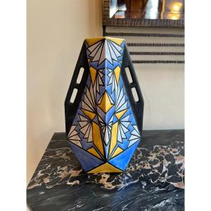 Art Deco Vase Signed Zenon Dufrasne From Onnaing Earthenware (1930 Cubist Art Deco Vases)