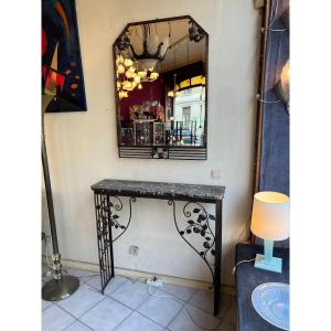 Console And Its Art Deco Mirror Patinated Wrought Iron And Portor Marble (art Deco Consoles 1930)