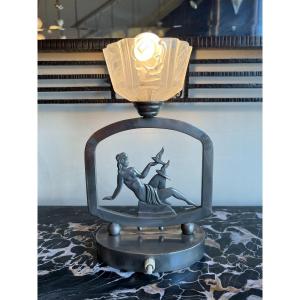Art Deco Table Lamp / Night Light "lady With Doves" Verreries Des Hanots (art Deco 1930)