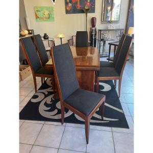 Suite / Set Of Six Art Deco Chairs In Cherry Wood And Velvet Fabric (1930 Art Deco Chair)