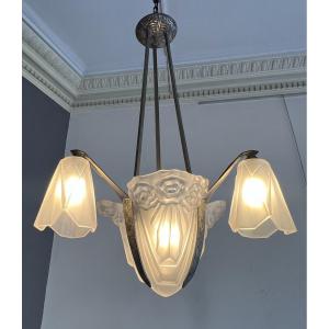 Superb Chandelier / Suspension Art Deco Signed Degué France 728 (ceiling Lamp Art Deco 1930)