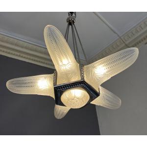 Superb Art Deco Belgian Glass Chandelier With 5 Cornets (art Deco Chandelier / Suspension 1930)