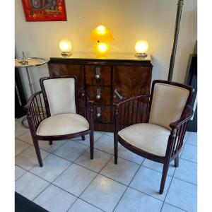 Pair Of Art Deco Armchairs In Mahogany Varnished Beech 1920 (art Deco Armchair / Chair 1930)