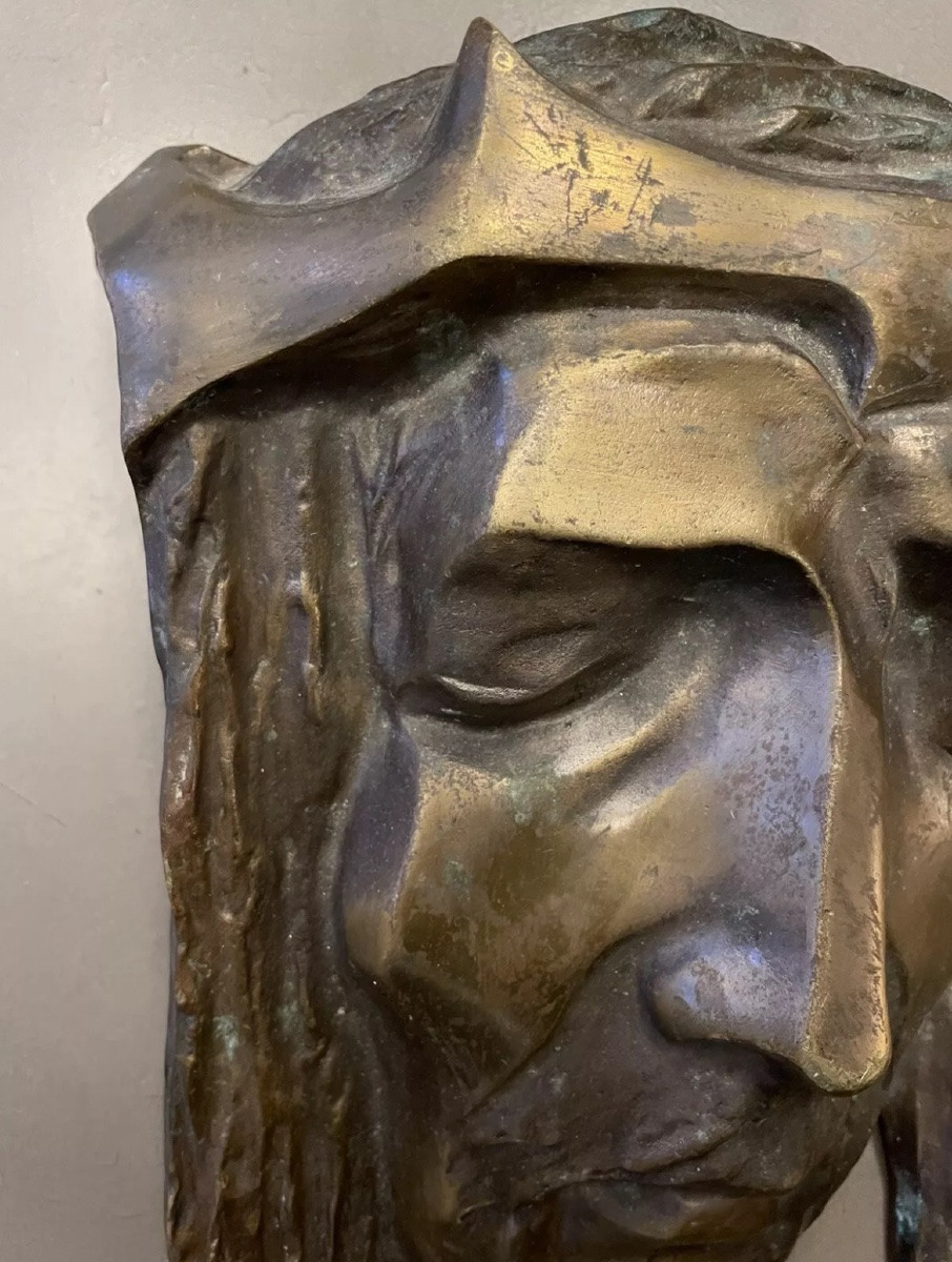 Bronze Sculpture Of Christ's Head Signed G. Thomas-photo-2