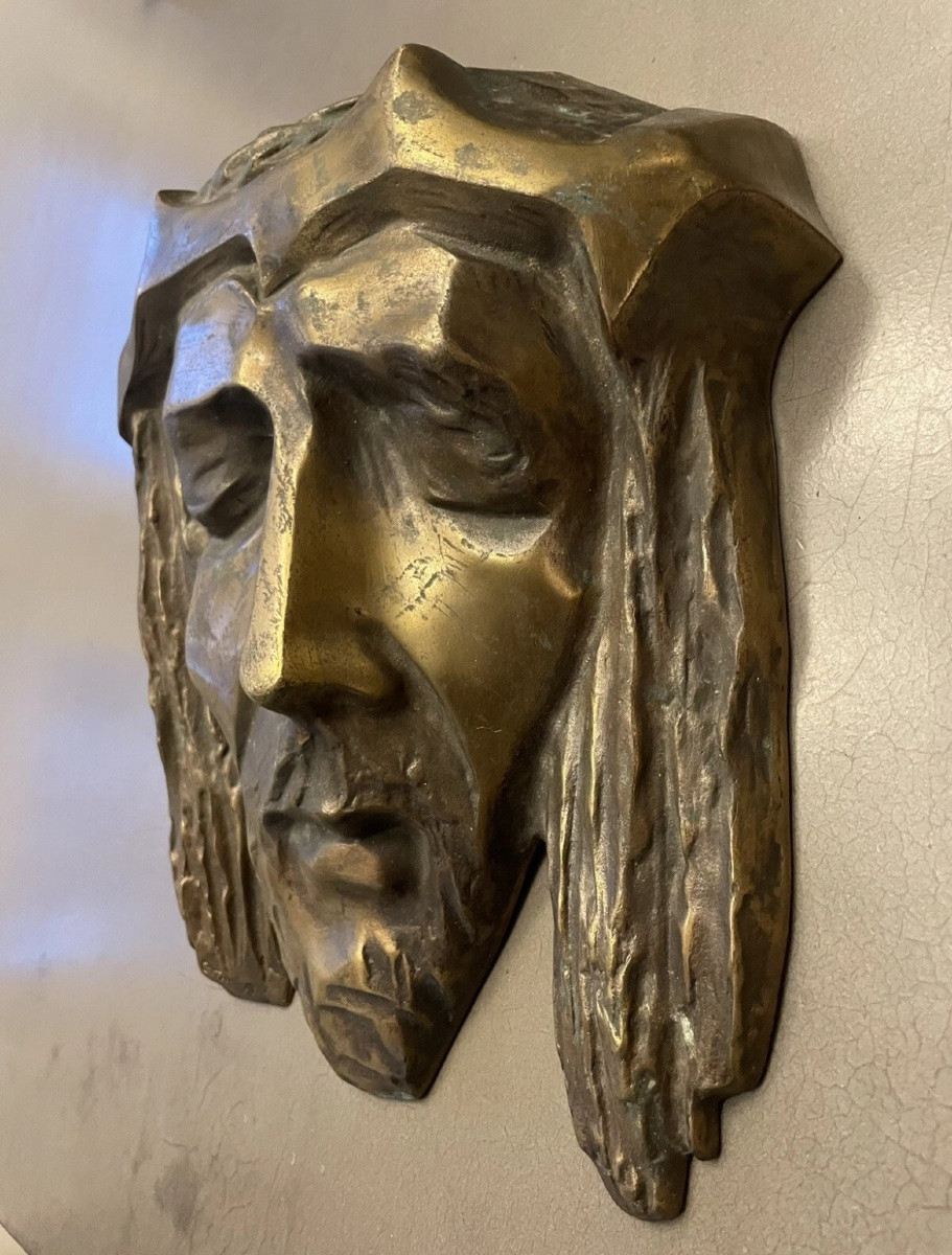 Bronze Sculpture Of Christ's Head Signed G. Thomas-photo-3