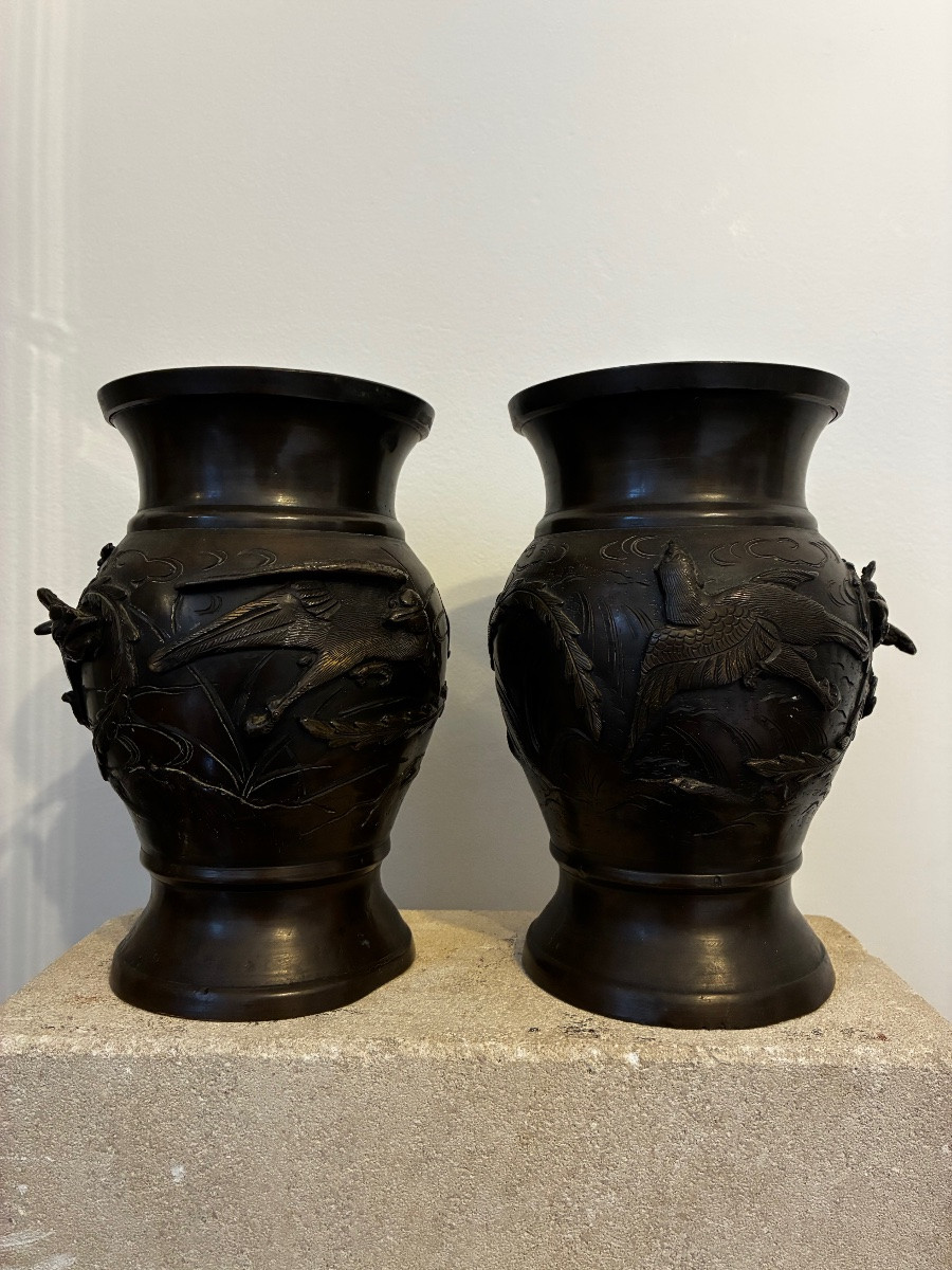 Pair Of Bronze Vases, Japan, 19th Century-photo-1