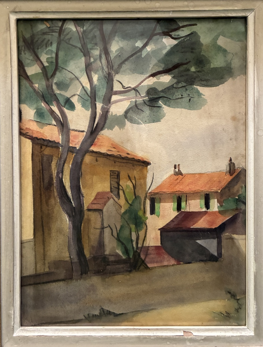 Landscape, Village House, 20th Century Gouache-photo-2