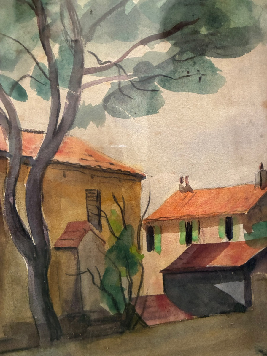 Landscape, Village House, 20th Century Gouache-photo-3