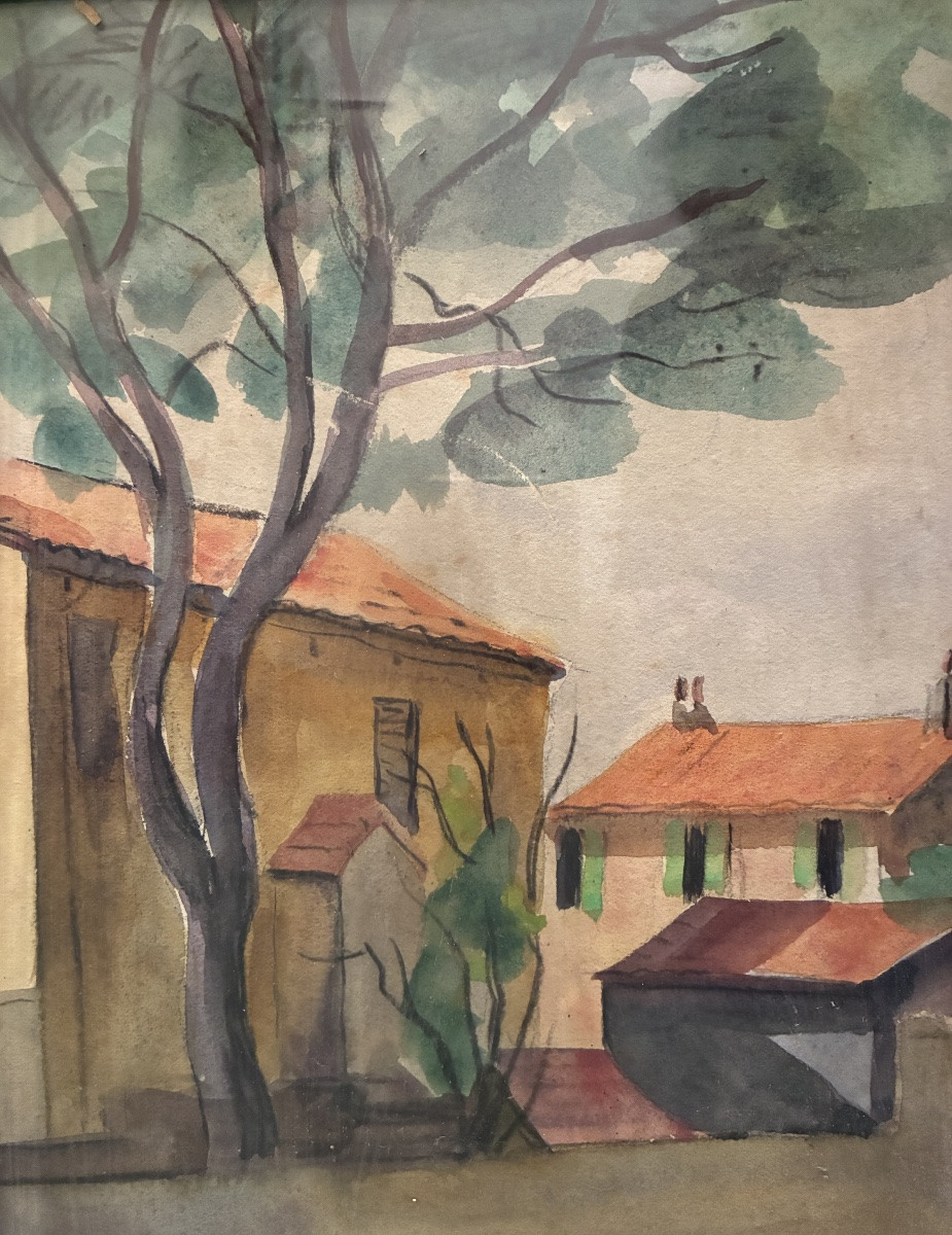 Landscape, Village House, 20th Century Gouache-photo-1