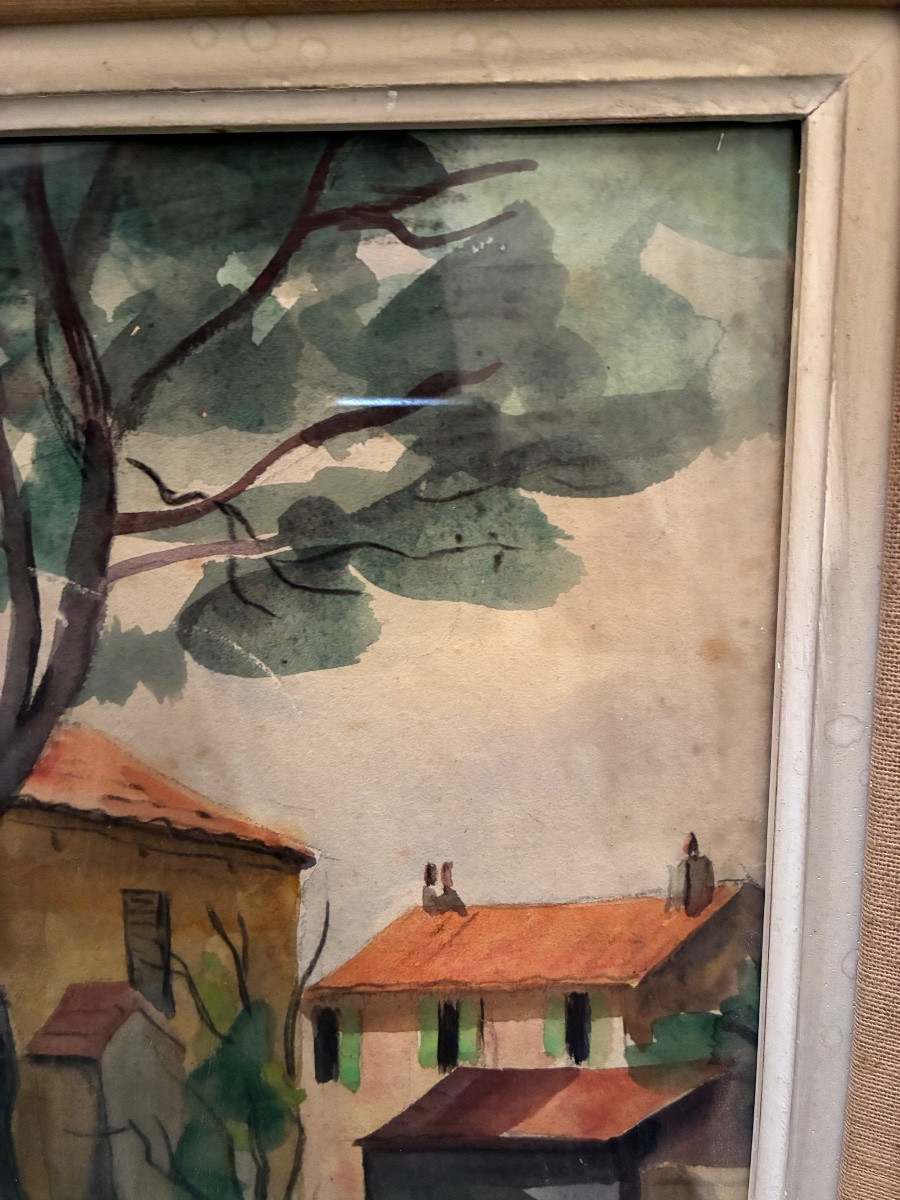 Landscape, Village House, 20th Century Gouache-photo-2
