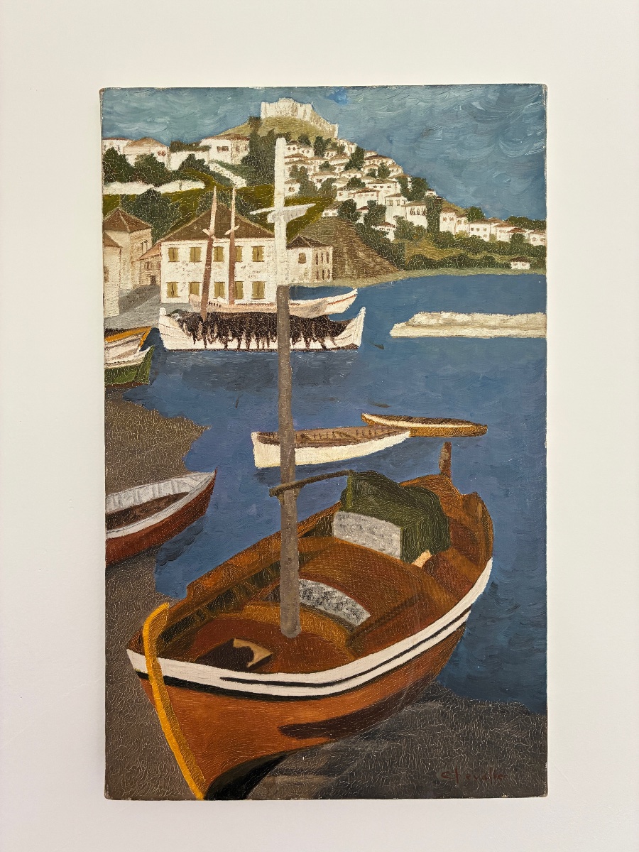 Marine, vue d’un port méditerranéen signée Chevalier, XXe
