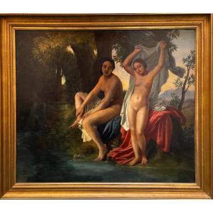 Tableau XIXe, deux nymphes au bain