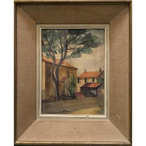 Landscape, Village House, 20th Century Gouache