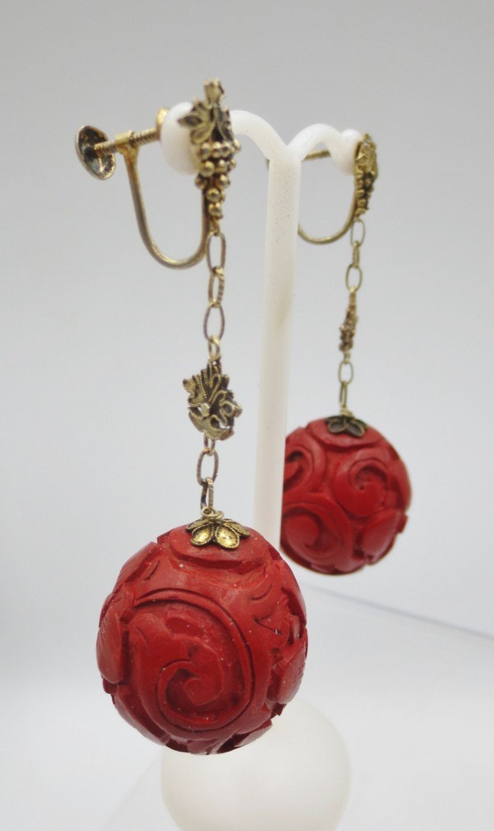 Collier Et Pendants d'Oreille En Laque Cinabre. -photo-4