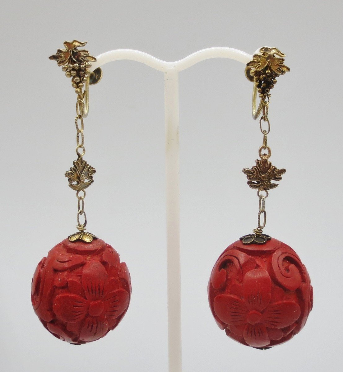 Collier Et Pendants d'Oreille En Laque Cinabre. -photo-4