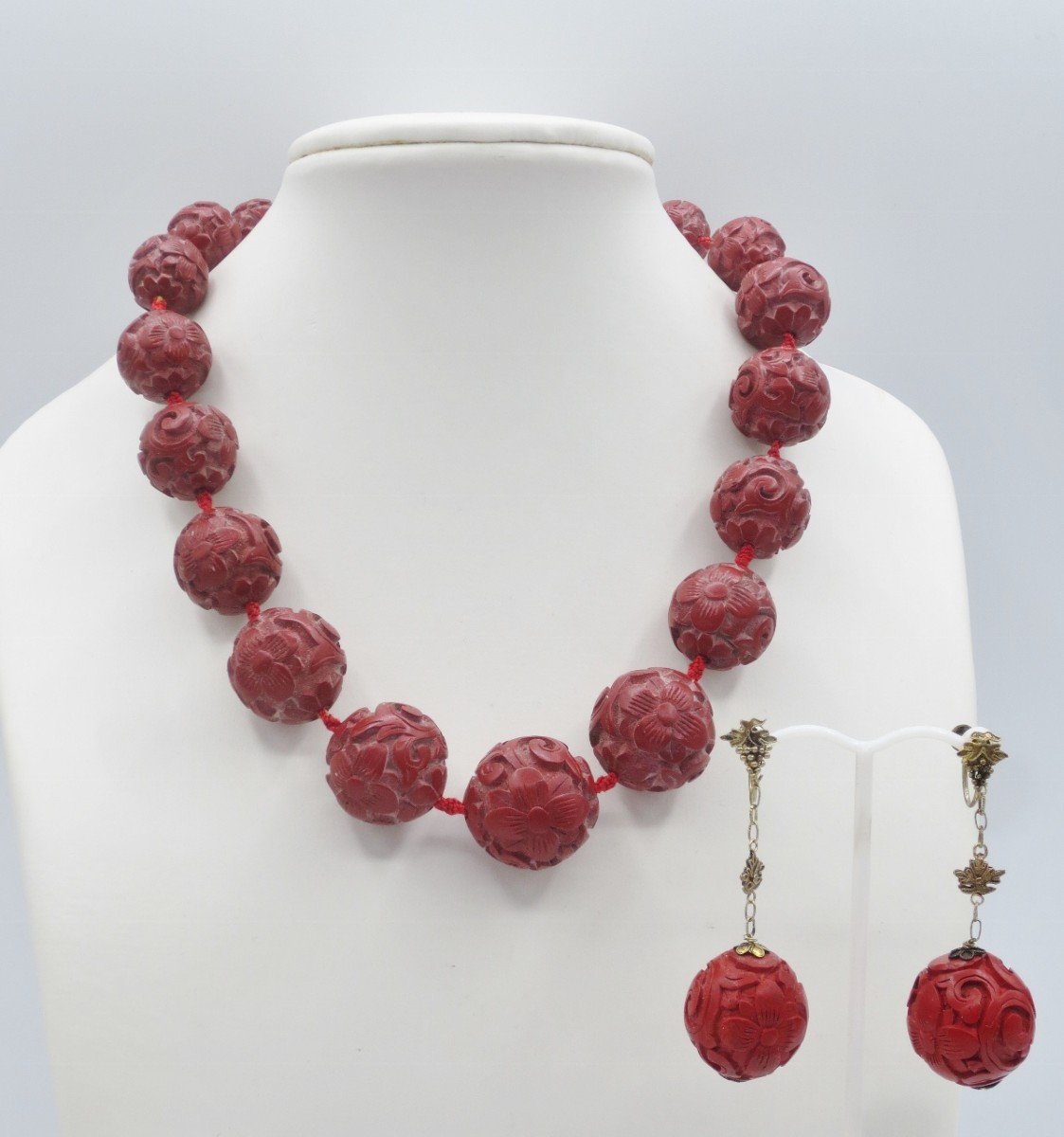 Collier Et Pendants d'Oreille En Laque Cinabre. -photo-7