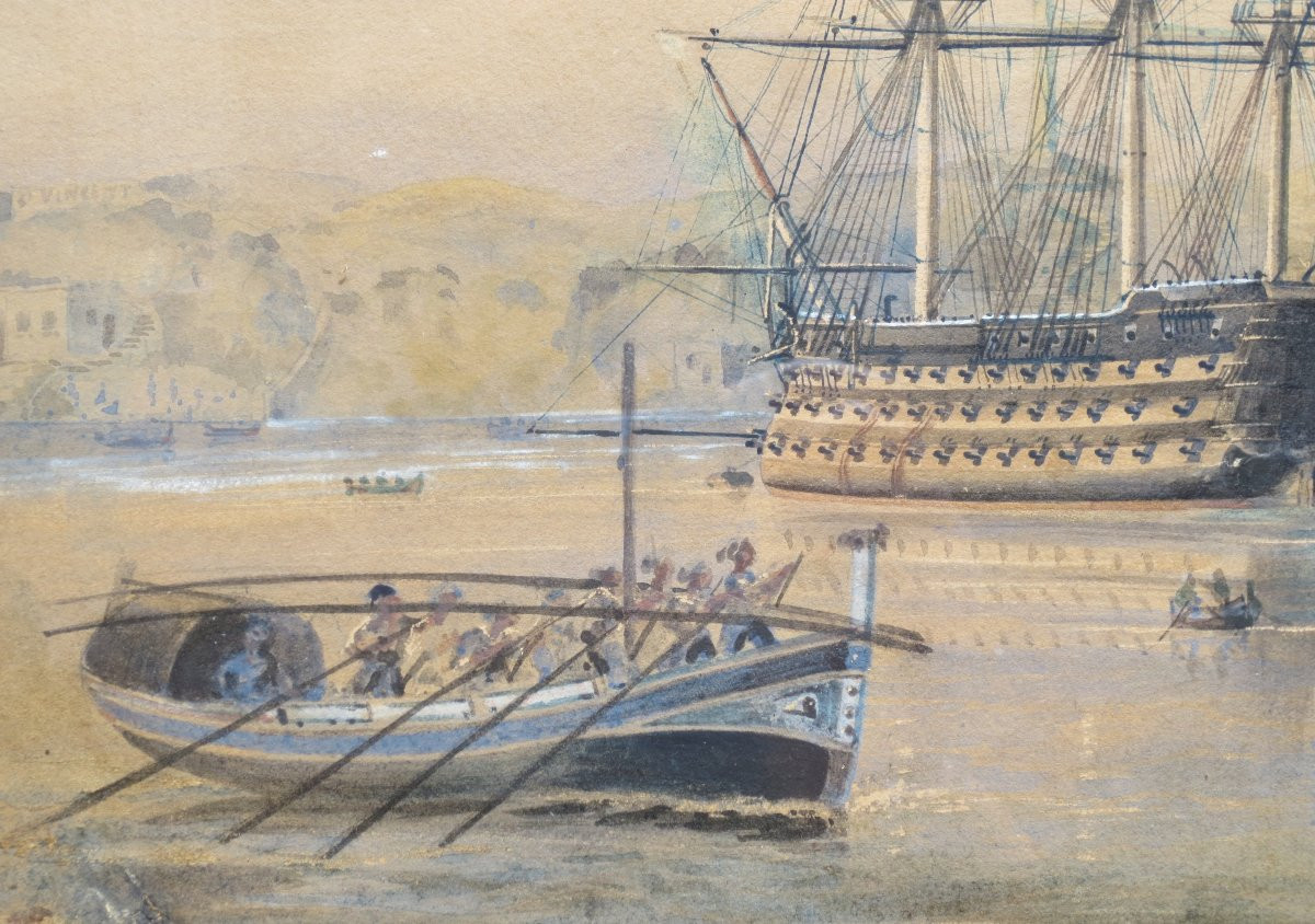 Mediterranean Port, 19th Century Watercolor.  -photo-1