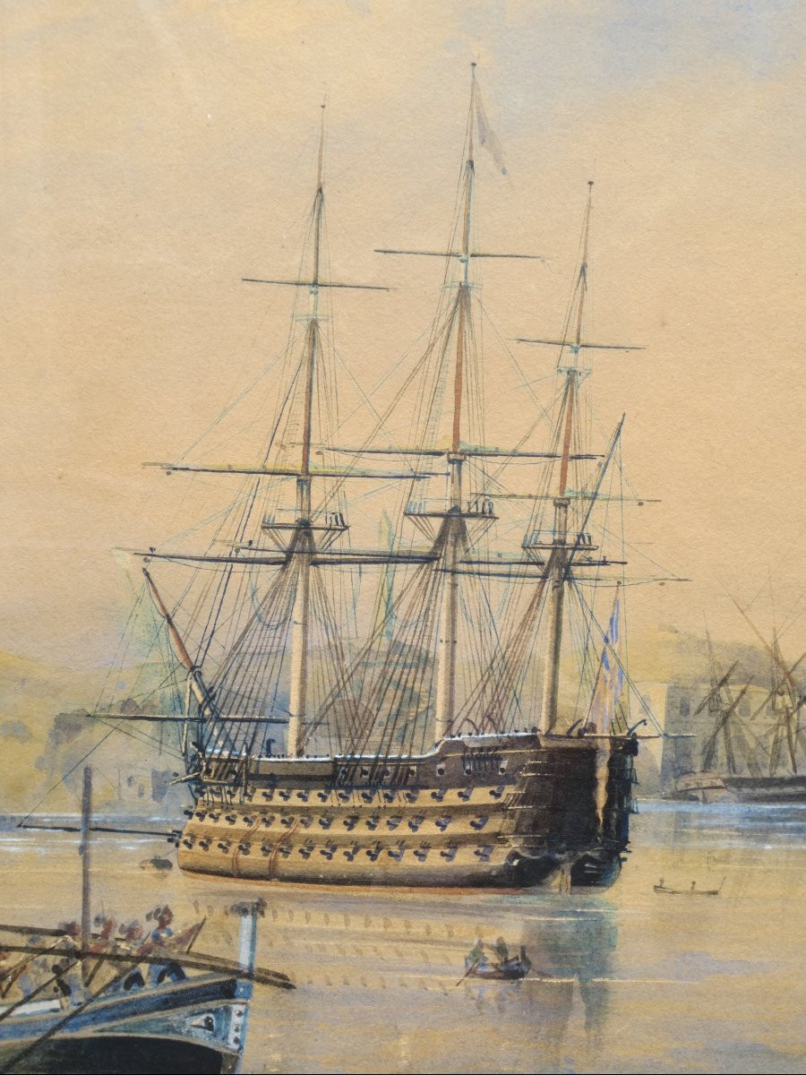 Mediterranean Port, 19th Century Watercolor.  -photo-3