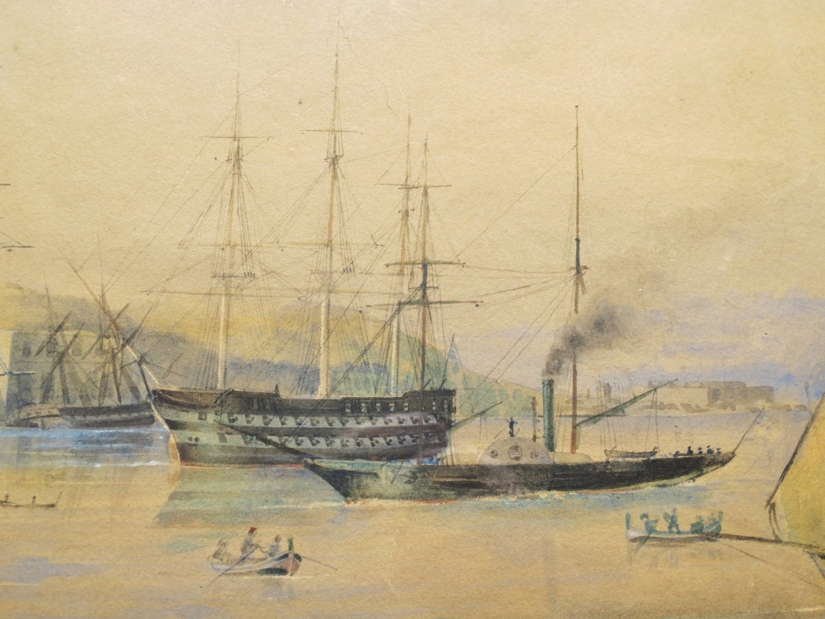Mediterranean Port, 19th Century Watercolor.  -photo-4