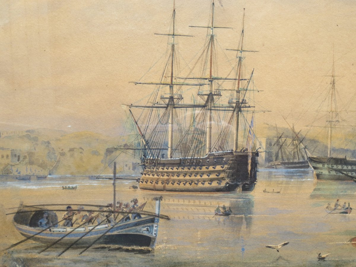 Port méditerranéen, aquarelle XIXe siècle.  -photo-3
